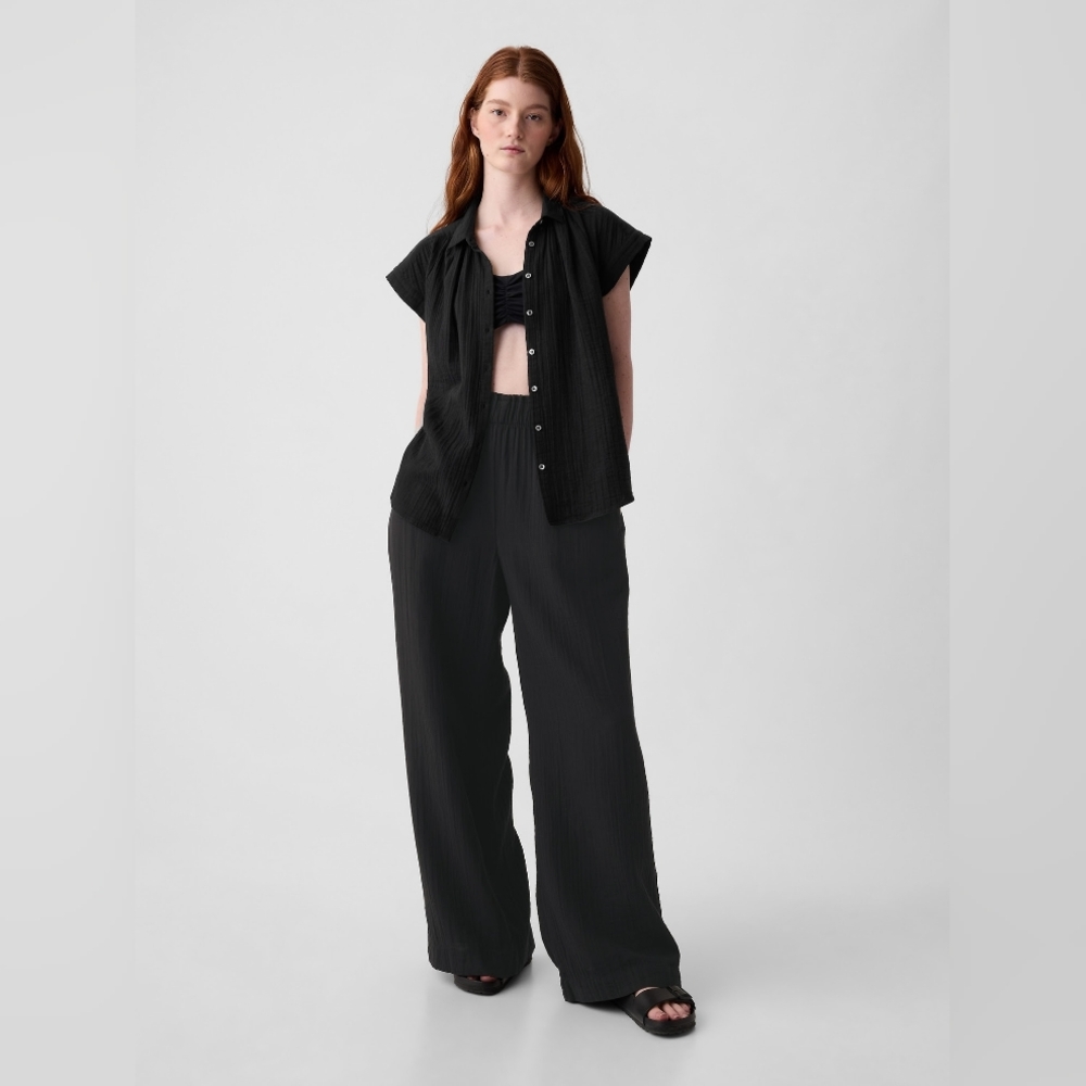 GAP Mid Rise Crinkle Gauze Wide-Leg Pants Black Size Medium Tall